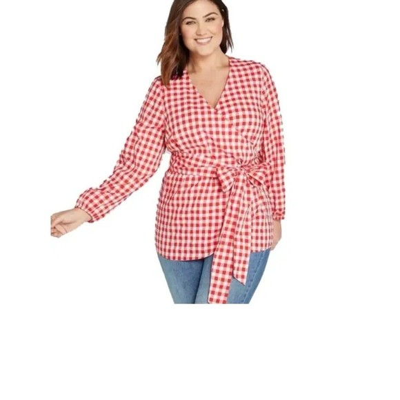 NEW Lane Bryant Womens 26/28 Red Gingham Long Sleeve Wrap Top Blouse Shirt - Picture 1 of 4